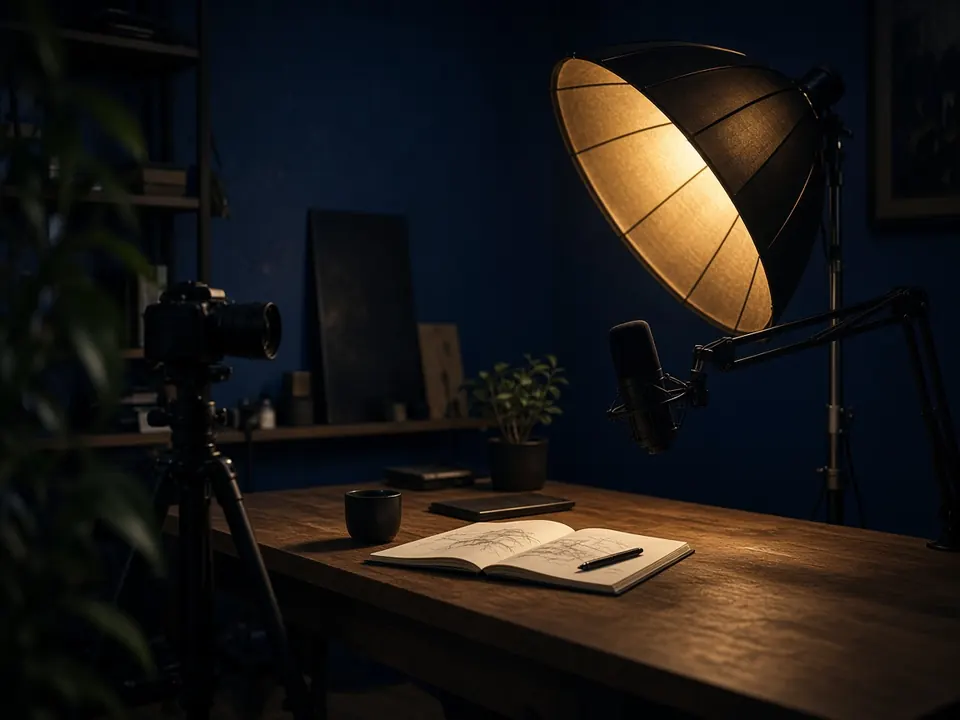 An empty creative studio with a camera, studio light and microphone